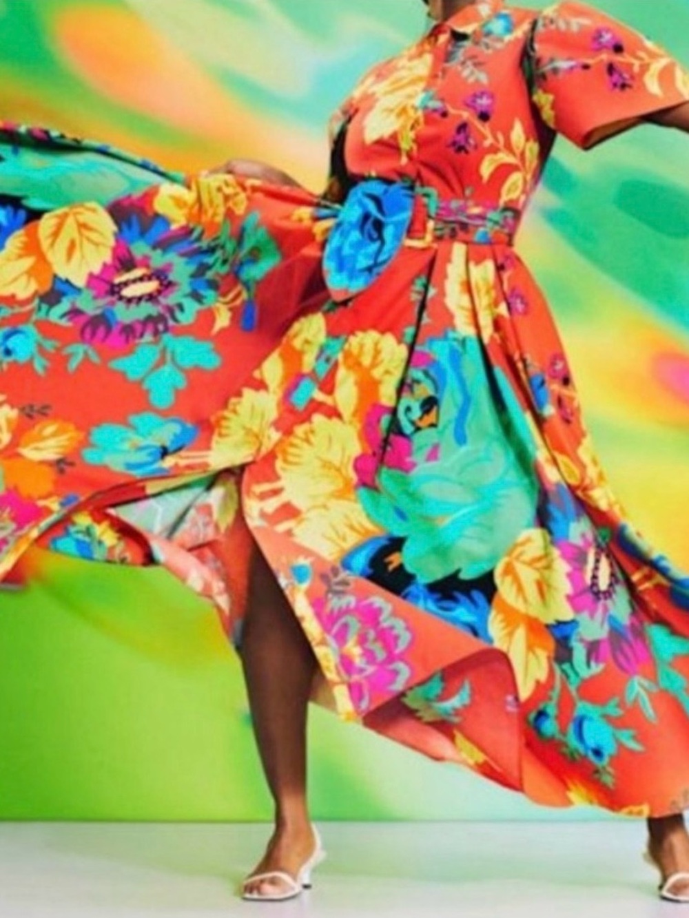 Christopher John Rogers Orange Floral High-Low Dress with Multicolor Print